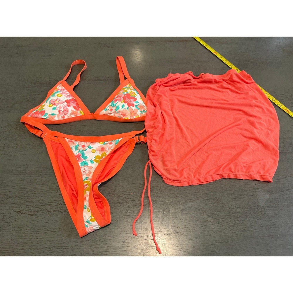 Hot Kiss 3pc Bikini Floral Coral Orange Triangle Top High Cut Bottom Skirt XL